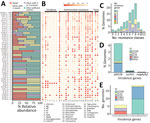 Information of 884 isolates of carbapenem-resistant Klebsiella pneumoniae isolates, United States. A) Unadjusted distribution of desirability of outcome ranking outcomes. B) Heatmap of infections, virulence genes, antimicrobial resistance genes, and porin mutations in STs with >2 isolates. *MgrB or PmrB loss-of-function mutations. #Mutations in the quinolone resistance–determining regions of GyrA and ParC. C) Distribution of drug classes by genome for which antimicrobial resistance elements were detected. Bars colors indicate the presence of virulence genes. D, E) Distributions of virulence genes (D) and virulence gene combination (E) per genomes. Bars are colored based on STs. ESBL, extended-spectrum β-lactamase; ST, sequence type. 