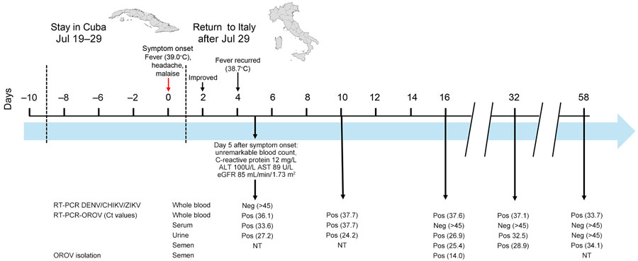 Clinical events and laboratory findings associated with OROV infection in a 42-year-old man from Italy who visited Cuba during July 19–29, 2024. Shown is clinical timeline of patient’s OROV infection, with key days indicating the onset of symptoms and the results of both endpoint and real-time RT-PCR tests of whole blood, serum, urine, and semen samples. ALT, alanine aminotransferase; AST, aspartate aminotransferase; CHIKV, chikungunya virus; Ct, cycle threshold; DENV, dengue virus; eGFR, estimated glomerular filtration rate; NT, not tested; neg, negative; OROV, Oropouche virus; pos, positive; RT-PCR, reverse transcription PCR; ZIKV, Zika virus.