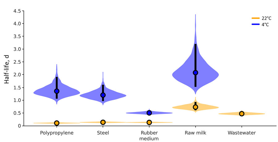 Violin plots showing results of experimental testing of highly pathogenic avian influenza A(H5N1) virus stability in irradiated raw milk and wastewater and on surfaces, United States. Plots show the posterior distribution of the half-life of viable virus at each condition, determined from the estimated decay rates. Viral decay was calculated for H5N1 virus in irradiated raw milk at 22°C and 4°C, in irradiated wastewater at 22°C, and on polypropylene, steel, and rubber surfaces at 22°C and 4°C. The point at the center of each violin is the posterior median estimate, and the vertical black bars show 95% credible intervals (2.5%–97.5%).