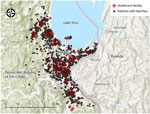 Location of patients with diarrhea and the corresponding healthcare facilities where they sought treatment in a surveillance study of Vibrio cholerae and effectiveness of single-dose oral cholera vaccine, Democratic Republic of the Congo, 2020–2024. A total of 115 healthcare facilities and 1,098 households of patients with diarrhea are shown; 56 patient households had missing Global Positioning System coordinates.