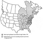 Thumbnail of Case distribution of house finches with conjunctivitis, October 1994-June 1996.