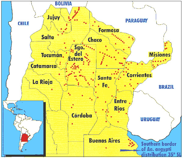 Geographic distribution of Aedes aegypti, 1955: Dengue risk area in Argentina.