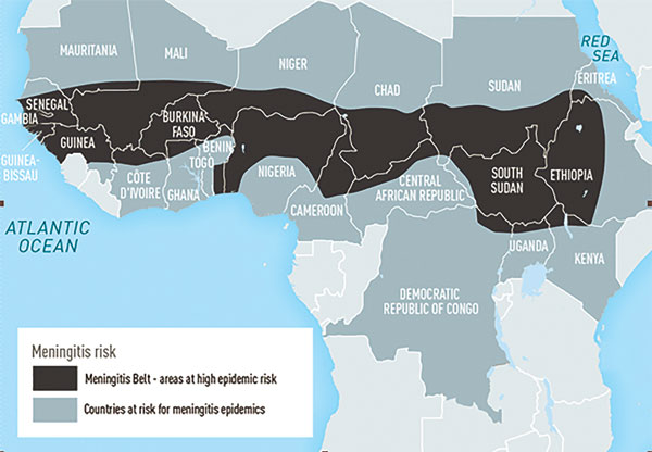 Areas with frequent epidemics of meningococcal meningitis. Data source:  World Health Organization, Geneva, Switzerland, 2012.